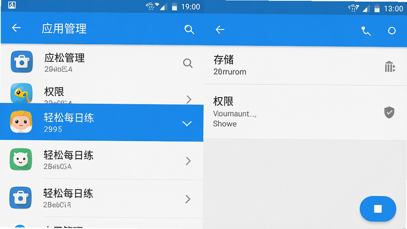 主体:手机设置界面,显示“应用管理”列表,其中“轻松每日练”被高亮选中。布局:左侧为应用列表,右侧为详细设置页,显示“存储”、“权限”选项。排版:标准安卓设置风格,图标与文字对齐。风格:扁平化UI设计,蓝白配色。细节:高亮项带有蓝色背景,文字清晰,按钮可点击状态明显。画质:高清截图风格,无噪点,界面整洁