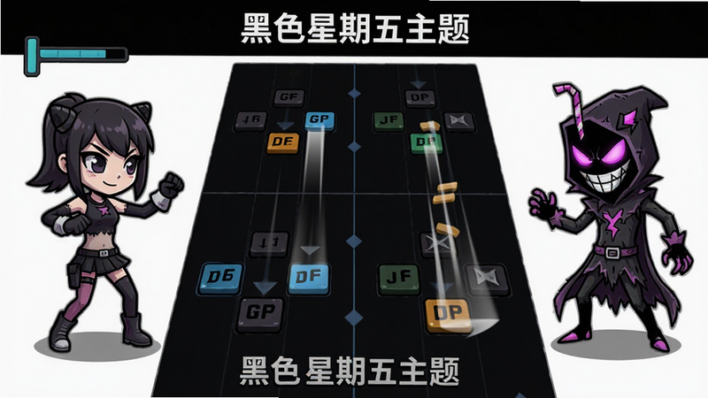 主体为游戏对战场景,布局左侧为GF角色,右侧为内鬼风格对手,中间为四向音符轨道,排版对称,风格为暗黑卡通,细节展示音符下落轨迹与角色舞蹈动作,画质高清,干净,无多余元素,文字标注“黑色星期五主题”
