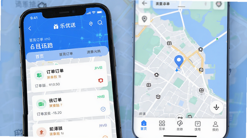 乐优送骑手版APP界面整体预览,展示首页订单列表与地图导航模块,蓝色科技风UI设计,布局清晰,包含顶部状态栏、中部订单卡片、底部导航栏,高清无水印,细节丰富,干净无多余元素