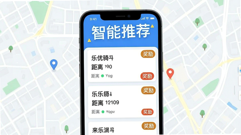 乐优送骑手版智能派单功能演示,手机屏幕显示多个订单卡片,带有距离与奖励标签,背景为简洁城市地图,突出“智能推荐”字样,扁平化设计风格,色彩明快,高清渲染,干净无杂物