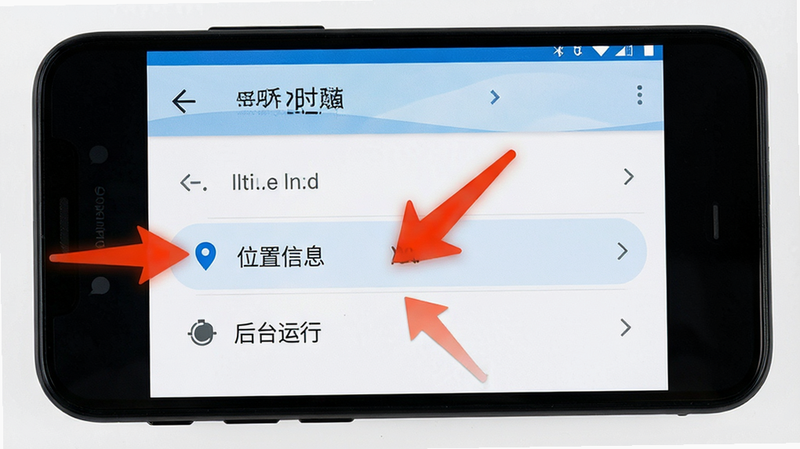 乐优送骑手版安卓手机设置界面,展示权限管理页面,高亮显示“位置信息”与“后台运行”选项,手机边框为黑色,界面清晰,操作指引箭头明显,高清细节,干净无杂物