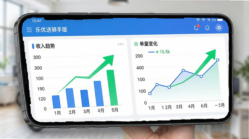 乐优送骑手版数据统计看板,手机屏幕显示柱状图与折线图,展示收入趋势与单量变化,绿色增长箭头突出,界面清新专业,数据标签清晰,高清显示,简洁布局,无干扰元素