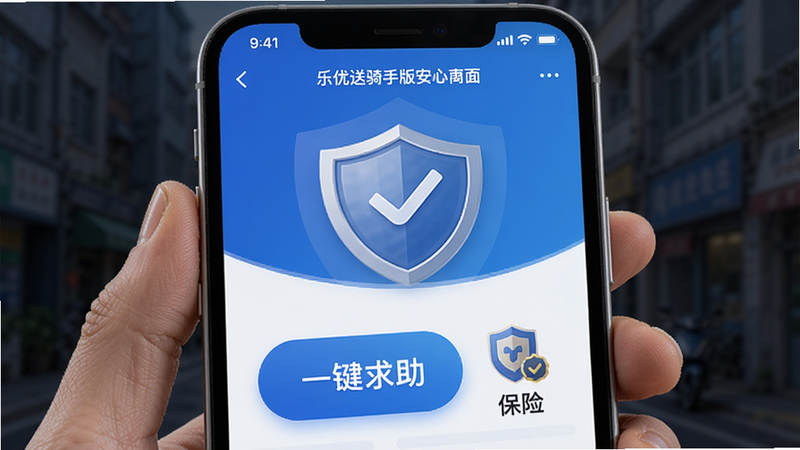 乐优送骑手版安全中心界面,手机屏幕显示“一键求助”大按钮与保险图标,背景为盾牌图案,蓝色安全色调,界面醒目简洁,强调安全感,高清渲染,细节完整,无多余元素