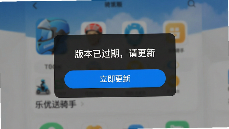乐优送骑手版版本更新提示弹窗,手机屏幕中央显示“版本已过期,请更新”字样,蓝色“立即更新”按钮醒目,背景为模糊的应用首页,界面简洁明了,高清渲染,无多余元素