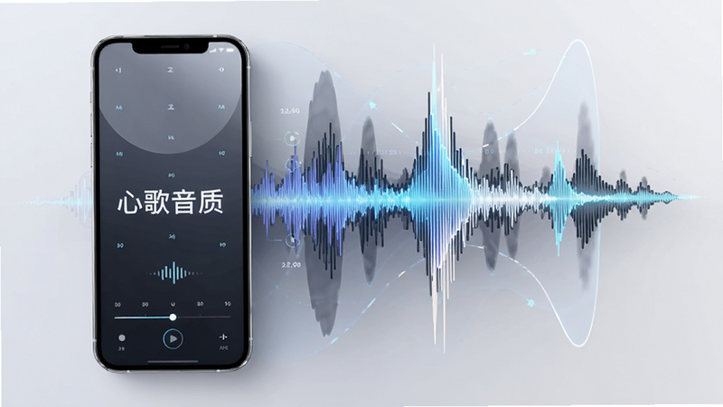 主体为音频波形图与手机设备结合的概念图,布局左侧为手机,右侧为动态声波,排版对称平衡,风格科技感与艺术感融合,细节展示高频与低频的可视化呈现,画质细腻,干净,无多余元素,文字内容为