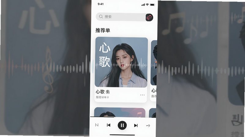 主体为心歌APP的主界面截图,布局清晰,顶部有搜索栏,中部为推荐歌单卡片,底部为播放控制栏,排版简洁现代,风格清新淡雅,细节处体现音乐波纹元素,画质高清,干净,无多余元素,文字内容为