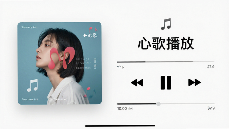 主体为心歌APP锁屏播放界面,布局左侧为专辑封面,右侧为播放控制按钮,排版简洁,风格极简主义,细节展示时间进度条,画质高清,干净,无多余元素,文字内容为