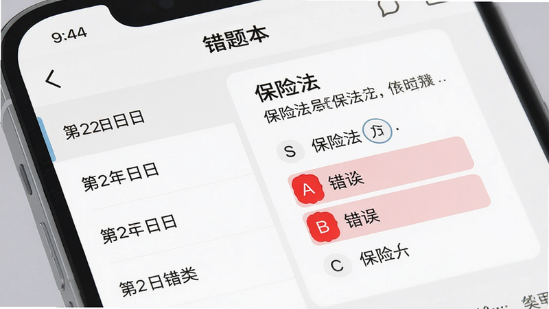 手机界面特写,显示“错题本”页面,左侧列表显示不同日期的错题分类,右侧显示一道关于“保险法”的选择题,选项A被红色高亮标记为错误,界面设计现代简约,文字清晰,高清渲染