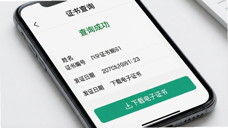 手机界面显示“证书查询”结果页,顶部显示“查询成功”,中间列出姓名、证书编号、发证日期等信息,底部有“下载电子证书”按钮,界面简洁专业,高清细节