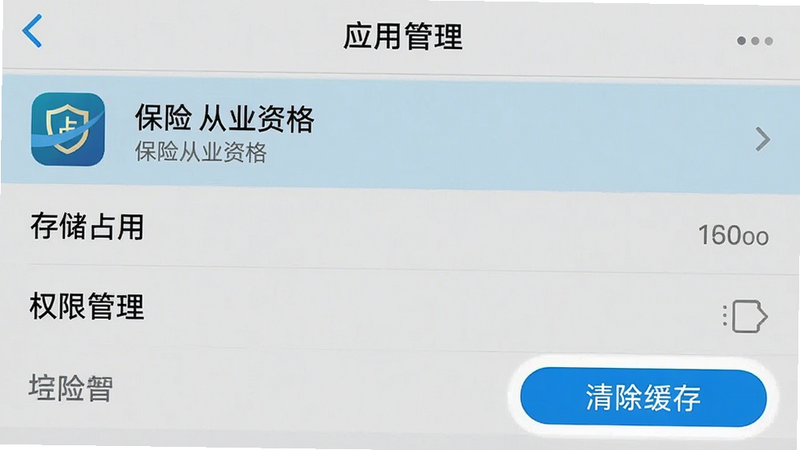 手机设置界面截图,显示“应用管理”页面,选中“保险从业资格”应用,下方有“存储占用”、“权限管理”等选项,界面清晰,高亮显示“清除缓存”按钮,高清画质