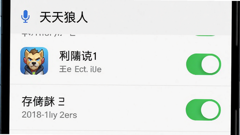 手机设置界面截图,显示《天天狼人》的应用权限管理页面,麦克风与存储权限开关处于开启状态(绿色),背景为简洁的白色菜单列表,文字清晰,风格系统原生UI,细节准确,画质清晰,干净无广告