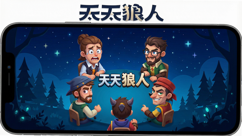 一张高清手机游戏宣传图,主体为《天天狼人》游戏界面截图,背景为深蓝色星空与神秘森林剪影,画面中央展示几位卡通风格的角色头像围坐成圈,表情生动,有的紧张有的狡黠。布局居中,排版整洁,风格为现代扁平化与微立体结合,细节丰富,角色服饰具有辨识度,画质4k,干净无多余元素,文字“天天狼人”清晰可见