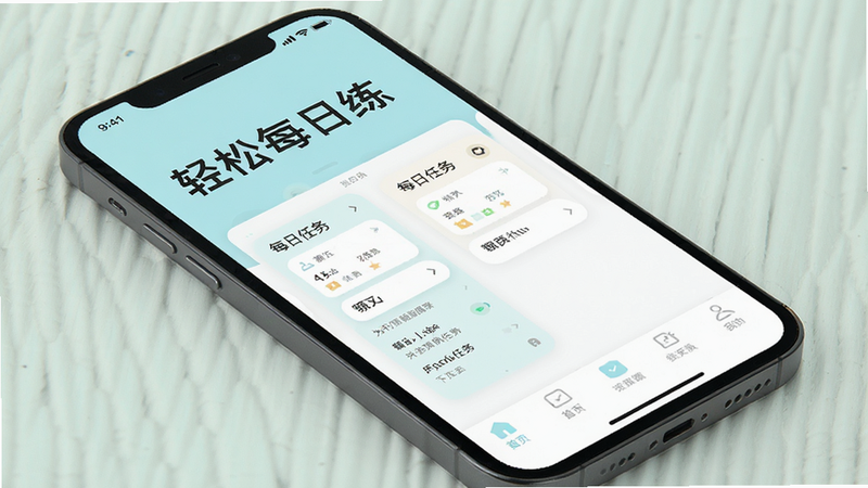 主体为手机屏幕界面,显示名为“轻松每日练”的APP首页,布局简洁,顶部有大标题,中部展示每日任务卡片,底部有导航栏,风格扁平化,色彩清新淡雅,细节清晰,画质高清,干净无多余元素