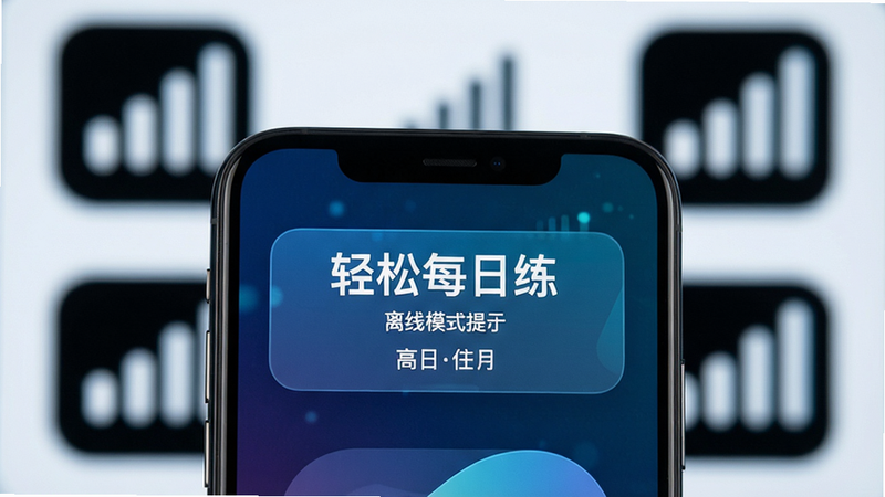 主体为手机侧面与背景信号图标虚化,前景为“轻松每日练”APP的离线模式提示界面,布局居中,风格科技感,细节准确,画质清晰,干净无多余元素