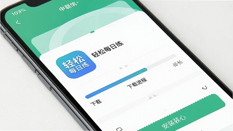 主体为手机下载进度条与安装界面,显示“轻松每日练”图标,布局简洁,风格现代,细节清晰,画质高,干净无多余元素