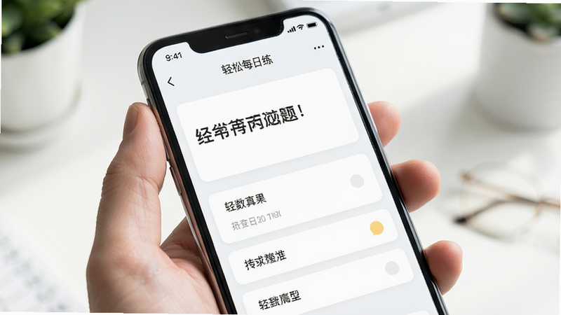 主体为手机屏幕,显示“轻松每日练”APP的答题界面,布局极简,只有题目和选项,排版宽松,风格明亮清爽,细节精致,画质高,干净无多余元素
