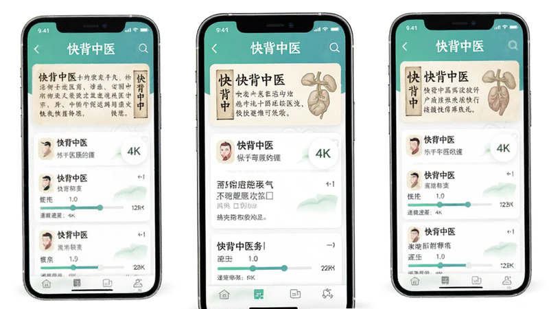 一张展示“快背中医”App移动端界面的高清预览图,主体为手机屏幕,布局为垂直列表式,排版清晰,风格为现代极简医疗风,细节显示古文文本与进度条,画质4k,干净无多余元素,文字引用“快背中医”