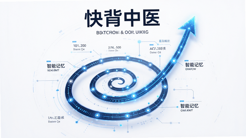 一张抽象概念图,展示“快背中医”的记忆曲线算法,主体为上升的螺旋线条,布局居中,风格科技感,细节包含节点数据点,画质高清,干净,文字引用“智能记忆”