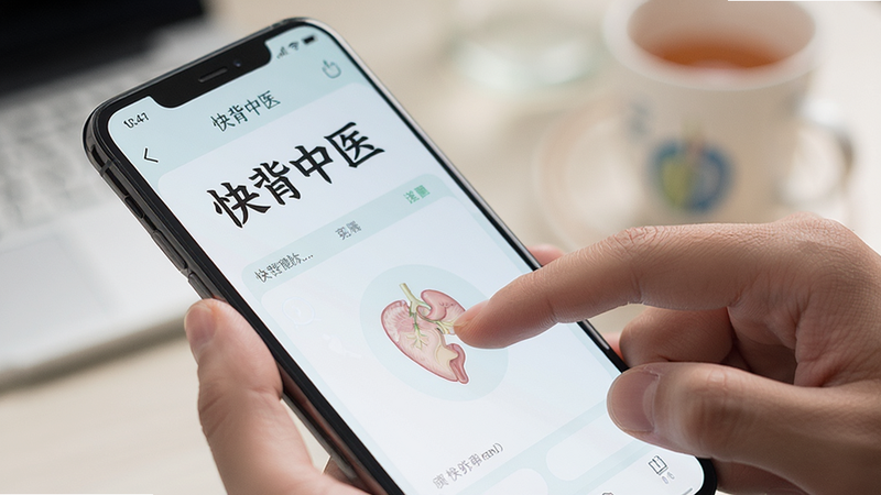 一张手机使用场景图,主体为手持手机正在使用“快背中医”,布局为特写,风格写实,细节显示手指点击屏幕,画质高清,干净,文字引用“快背中医”