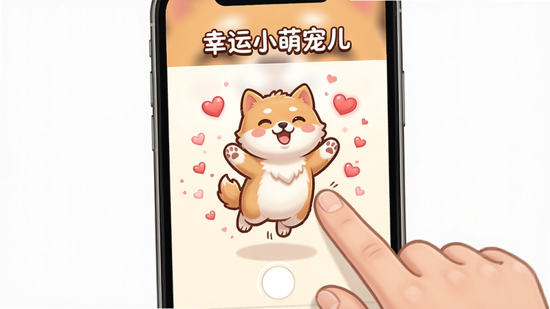 主体为手机屏幕特写,显示《幸运小萌宠儿》中萌宠因用户触摸而开心跳跃的动态定格画面,布局聚焦于屏幕中央的互动区域,排版简洁,风格为温馨卡通,细节包含萌宠物体周围的爱心粒子特效,画质超清,干净无杂乱背景