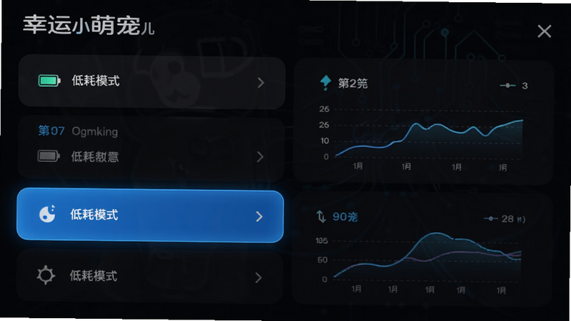 主体为《幸运小萌宠儿》设置界面预览,布局为列表式菜单,高亮显示“低耗模式”选项,排版工整,风格为科技简约,细节处有电池图标与性能曲线图示意,画质高清,干净无干扰元素