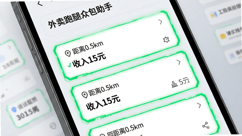 手机应用界面特写,展示“外卖跑腿众包助手”的智能抢单模块,主体为多个带有绿色高亮边框的订单卡片,布局呈垂直滚动列表,风格科技感强,细节包含“距离0.5km”、“收入15元”等文字标签,背景为浅灰色渐变,画质高清,无杂乱图标,整洁有序