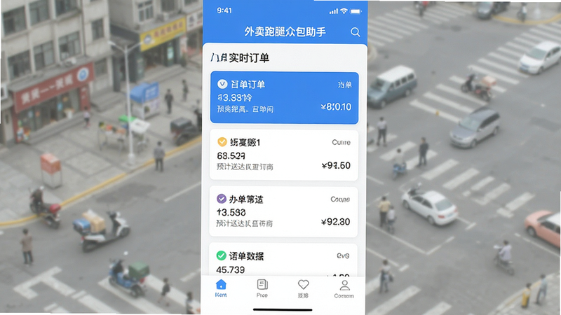 一张高清手机界面截图,主体为“外卖跑腿众包助手”APP的主屏幕界面,布局清晰分为顶部状态栏、中部实时订单列表卡片和底部导航栏,风格为现代扁平化设计,蓝色为主色调,细节显示订单距离、预计送达时间和收入金额,画质清晰,无多余水印元素,干净简洁