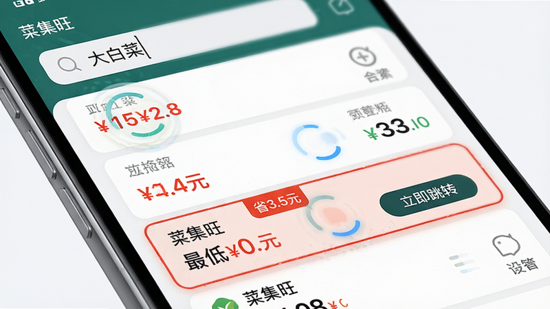主体为手机屏幕特写,布局聚焦于比价列表页面,上方搜索栏显示