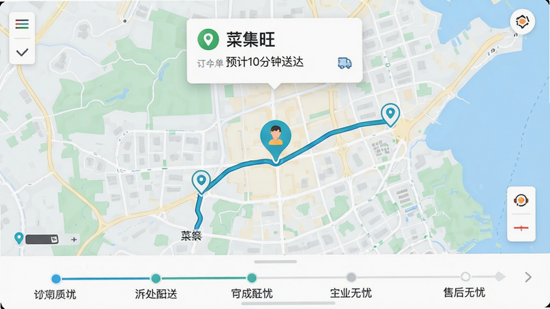 主体为订单追踪地图界面,布局以地图为主,中间显示配送员位置图标及轨迹线,上方悬浮订单状态卡片显示