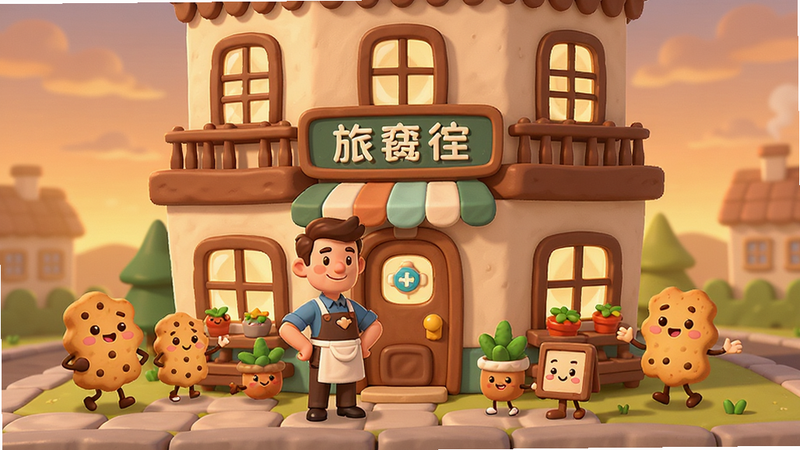 生成一张高清的手机游戏宣传图,主体为卡通风格的旅店建筑,门口站着一个穿着围裙的男性角色,周围有几个可爱的饼干拟人化角色在忙碌,背景是温暖的黄昏色调,画面整洁,无多余文字,4k画质,扁平化设计风格