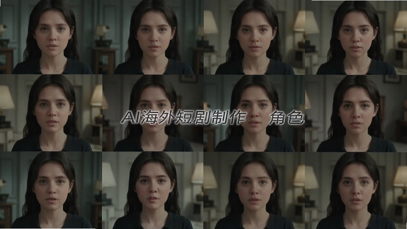 展示角色一致性对比图,主体为同一AI角色在不同场景下的多张截图并列,布局左右对比,排版整齐,风格写实摄影感,细节突出面部一致性,画质高清,干净,文字包含