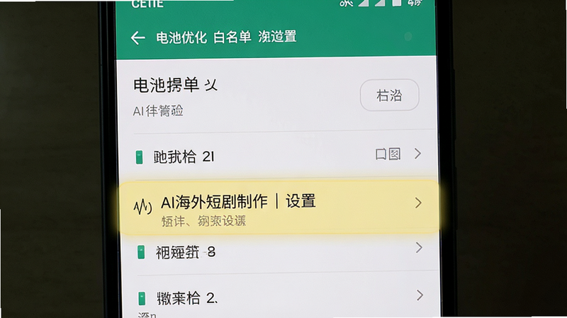展示手机设置界面中电池优化白名单的设置步骤图,主体为手机系统设置菜单,布局为垂直列表,排版清晰,风格扁平化UI,细节高亮显示目标选项,画质清晰,干净,文字包含