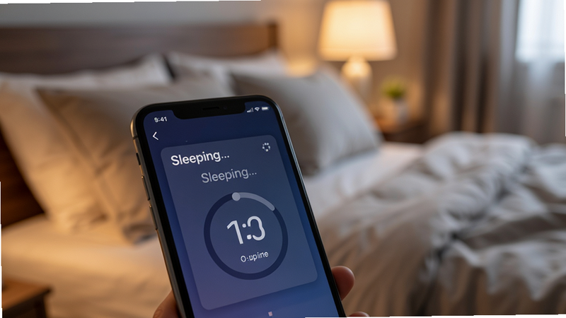 �ֻ���Ļ��д����ʾSleep-TightӦ���������У�������ģ�������һ��������Ϸ�����ͷ�ͱ��ӣ���Χ��ܰ�������ֻ���Ļ����ʾ��Sleeping��״̬�ͼ�ʱ������Ӱ��ͣ���ʵ��Ӱ���ϸ�ڷḻ������������