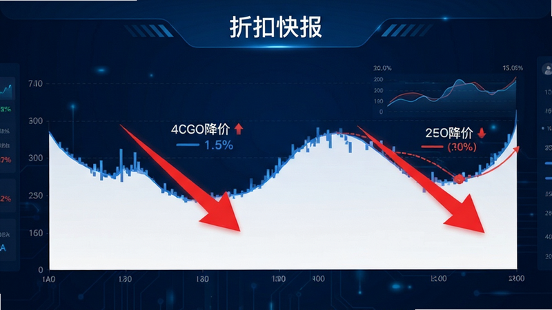 主体为数据可视化图表,背景为深蓝色科技风,展示“折扣快报”的价格监控曲线,布局左右对称,排版紧凑,风格极简主义,细节包含红色箭头指示降价点,画质清晰,干净,无多余元素