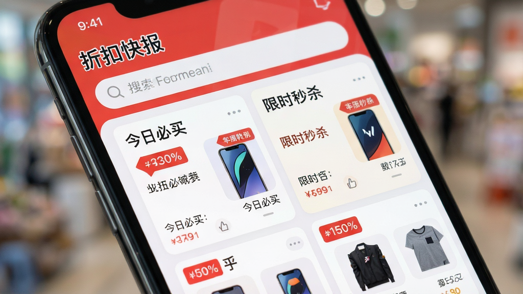 主体为智能手机屏幕特写,背景虚化,屏幕显示“折扣快报”App界面,顶部有搜索栏,中间排列着“今日必买”、“限时秒杀”等模块,布局整齐,排版清晰,风格扁平化现代UI,细节包含红色价格标签和商品缩略图,画质高清,干净,无多余元素