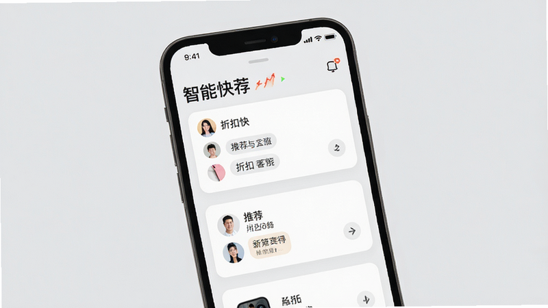 主体为手机界面,显示“折扣快报”的智能推荐页面,背景为浅灰色,布局为卡片式流媒体,排版有序,风格清新简约,细节包含用户头像和推荐标签,画质高清,干净,无多余元素