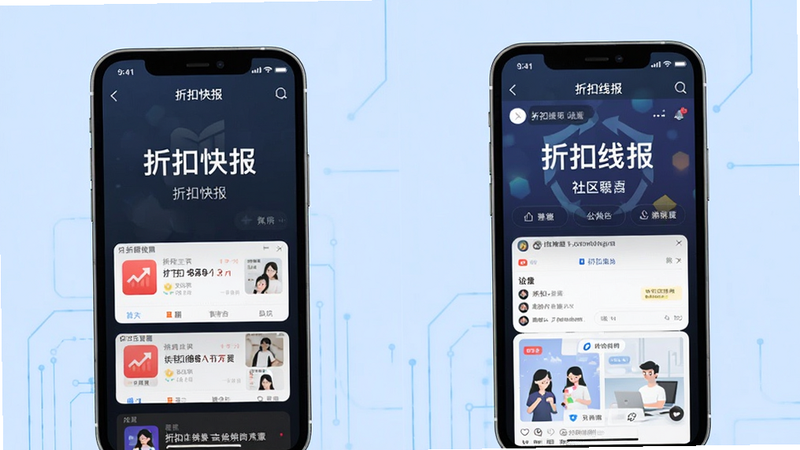 主体为两个手机屏幕对比图,左侧显示“折扣快报”简洁界面,右侧显示“折扣线报”社区界面,背景为浅蓝色,布局左右并列,排版对比鲜明,风格现代科技,细节包含不同UI元素,画质高清,干净,无多余元素