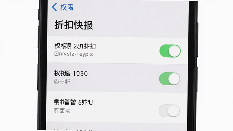 主体为手机设置界面截图,显示“折扣快报”的权限管理页面,背景为白色,布局列表式,排版清晰,风格系统原生UI,细节包含开关按钮和权限名称,画质清晰,干净,无多余元素