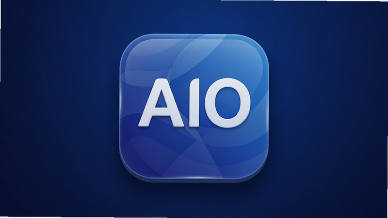 主体为 AIO 应用程序的图标悬浮在深蓝色渐变背景中央,布局居中,排版简洁现代,风格科技感强,细节包含图标光泽与阴影,画质高清,干净,无多余元素,文字