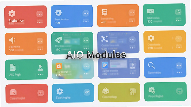 主体展示 AIO 的界面模块布局,多个矩形功能卡片整齐排列,布局网格化,排版灵活,风格扁平化设计,细节显示卡片间的间距与圆角,画质清晰,干净,无多余元素,文字