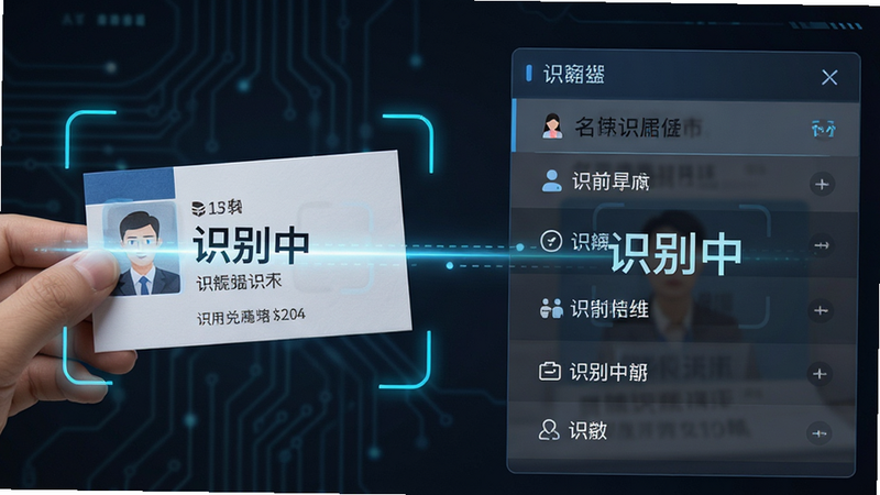 主体为名片识别功能界面,左侧为一张实体名片照片,右侧为识别出的结构化数据列表。布局为左右分栏,风格科技感,细节处显示扫描线动画效果,文字清晰显示“识别中”。画质高清,干净,无多余元素,文字准确无误