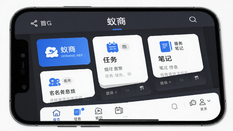主体为手机屏幕界面,显示“蚁商”APP首页,布局清晰分为顶部导航栏、中部功能卡片区(名片、任务、笔记)及底部Tab栏。排版整齐对称,风格为现代极简商务风,色调以深灰与白色为主,点缀品牌蓝。细节处体现高清UI图标,无多余装饰元素。画质4k,干净,无多余元素,文字清晰显示“蚁商”