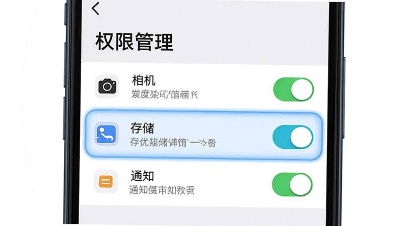 主体为手机设置界面,重点展示权限管理部分,高亮显示相机、存储、通知权限开关。布局为列表式,风格简洁明了,细节处显示权限图标与描述文字。文字清晰显示“权限管理”。画质清晰,干净,无多余元素,视觉重点突出