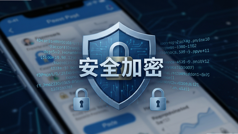 主体为数据加密与安全盾牌图标,背景为模糊的手机界面。布局中心对称,风格严谨专业,细节处显示锁形图标与加密算法代码流。文字清晰显示“安全加密”。画质高保真,干净,无多余元素,视觉聚焦中心