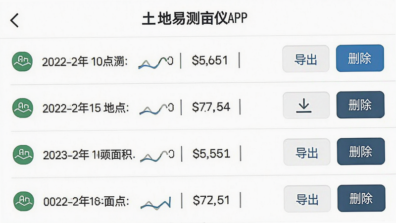 土地易测亩仪APP的历史记录列表界面,列表中显示多次测量的日期、地点和面积数值,右侧有“导出”和“删除”按钮,界面布局整齐,图标简约,背景为白色,清晰的UI设计,高分辨率