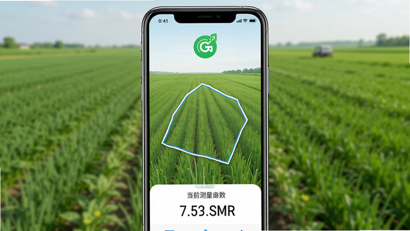 手机屏幕显示土地易测亩仪APP界面,背景为绿色农田,界面上方显示GPS信号强度图标,中间是实时绘制的土地多边形轨迹,下方显示当前测量的亩数数值,整体风格简洁现代,高清写实,无多余元素