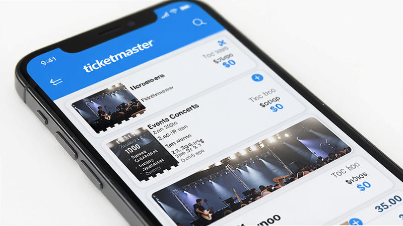 Ticketmaster app interface on a smartphone screen, displaying a list of upcoming concerts and events with ticket prices, clean modern UI design, blue and white color scheme, high resolution, no extra elements