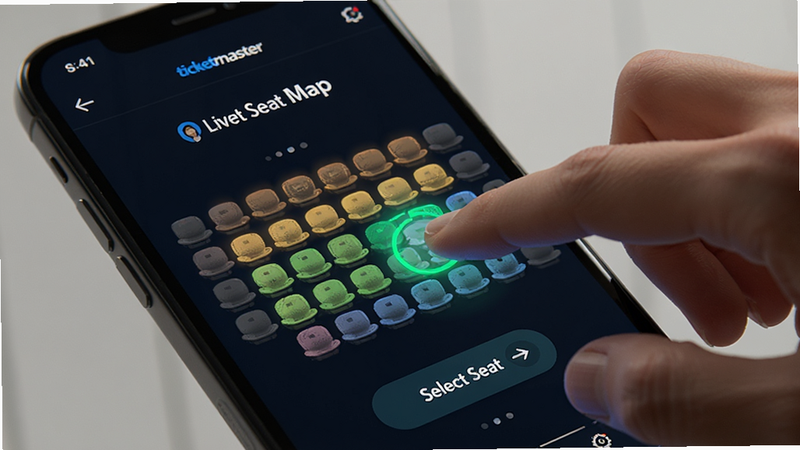 Ticketmaster app showing real-time seat map selection, digital interface with highlighted available seats, user tapping on a seat, dynamic and responsive UI, digital art style, clear text
