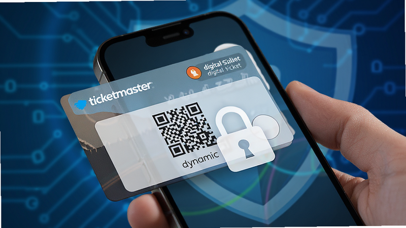 Ticketmaster digital ticket in wallet, dynamic QR code visible, smartphone screen, secure lock icon overlay, blue security shield background, modern fintech aesthetic, sharp details, clean layout