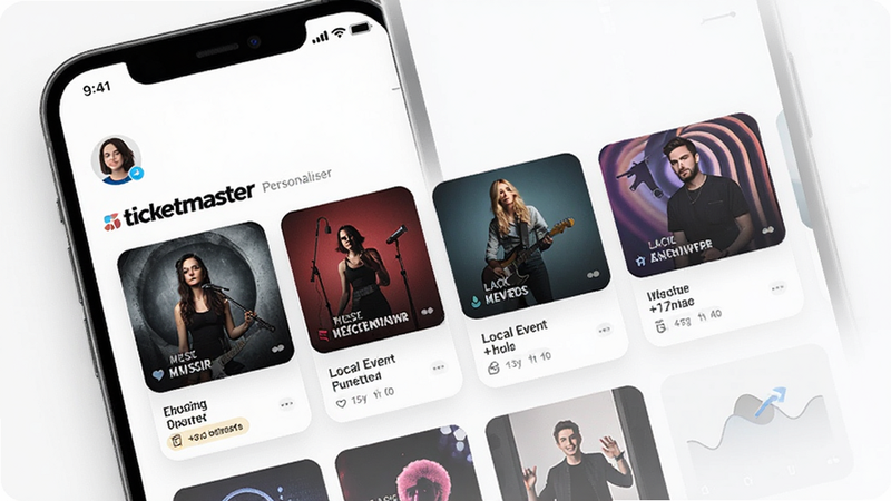 Ticketmaster personalized feed, cards showing different music genres and local events, user avatar profile, recommendation engine visualization, clean card layout, soft shadows, mobile app UI, high fidelity